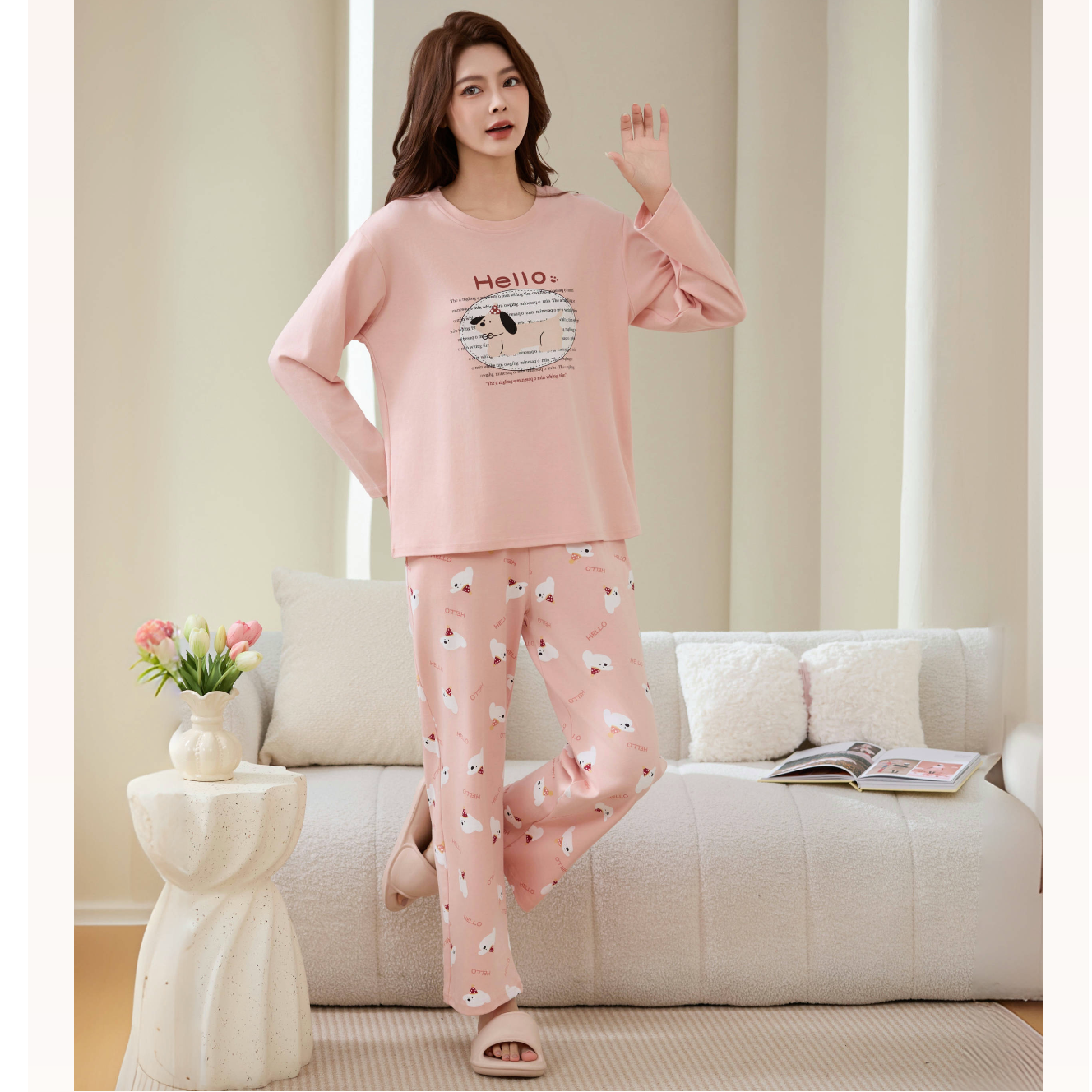 秋冬女士软棉双面棉（长袖长裤）柔软家居服透气加厚粉色