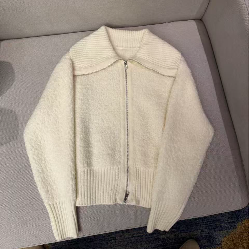 AW251164    立体颗粒100%羊毛拉链立领针织毛衣外套