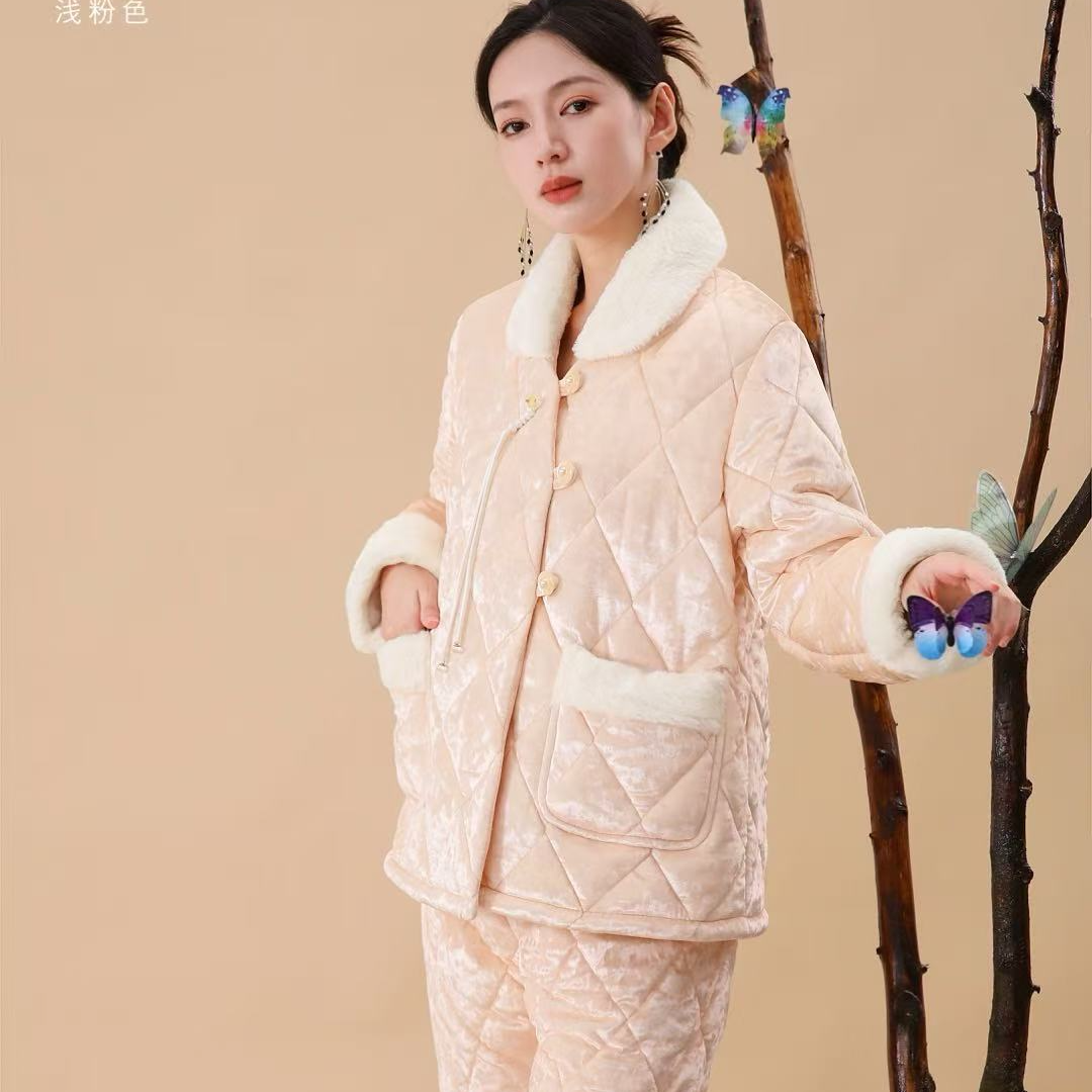 【0289红-浅粉盘扣】女加厚睡衣冬三层夹棉格纹翻领保暖外出家居