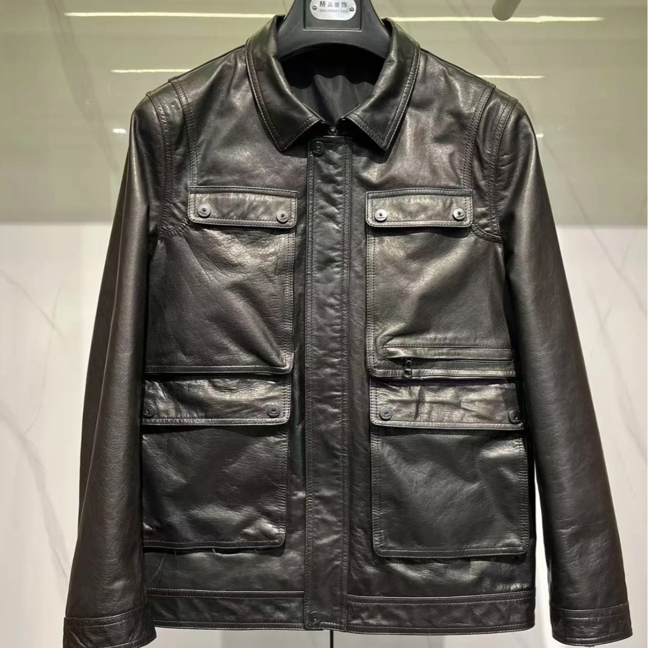 臻品唐先生23922春季工装男士牛皮油腊多兜时尚帅气真皮外套