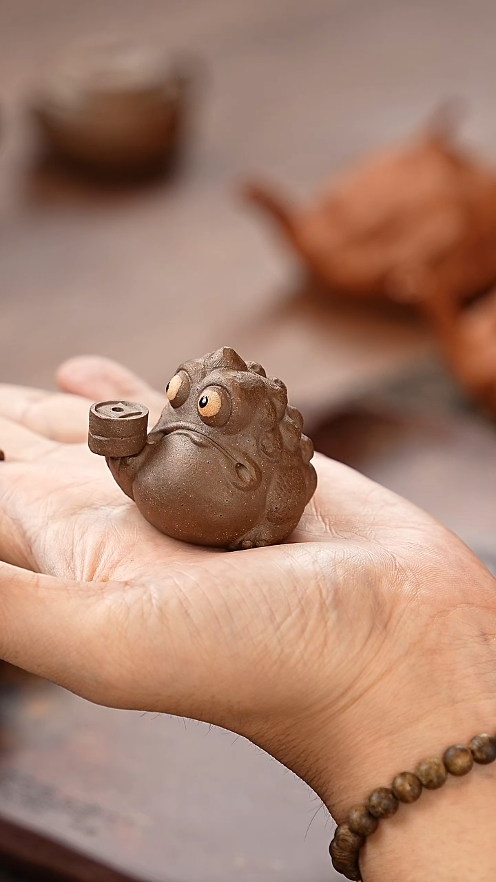 紫砂茶宠烟斗金蟾柴烧香插茶宠