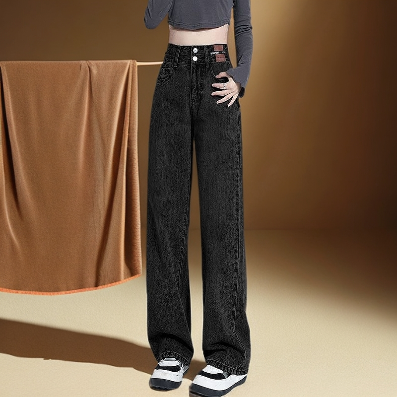 爆款双扣设计小众显瘦牛仔秋冬女韩式高腰宽松遮胯百搭拖地裤潮流