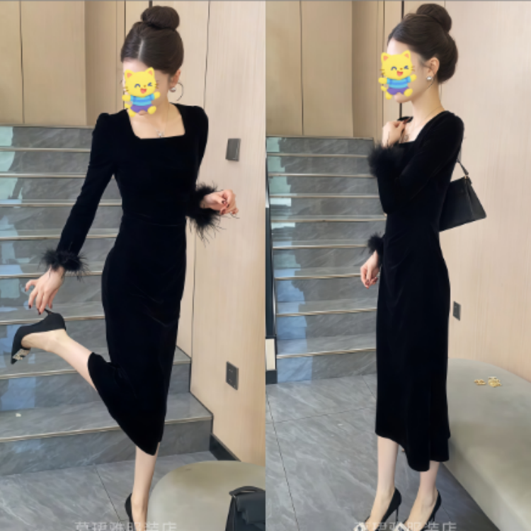 2025秋季连衣裙御姐范秋季收腰小黑裙长裙优雅连衣裙FJ100904