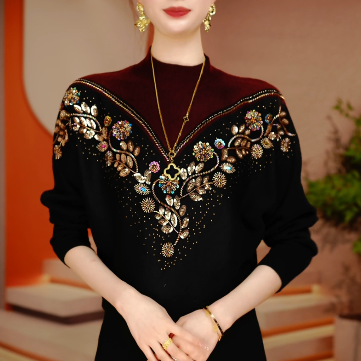 秋冬新款百搭显瘦减龄舒适透气女针织提花圆领衫上衣-D251800