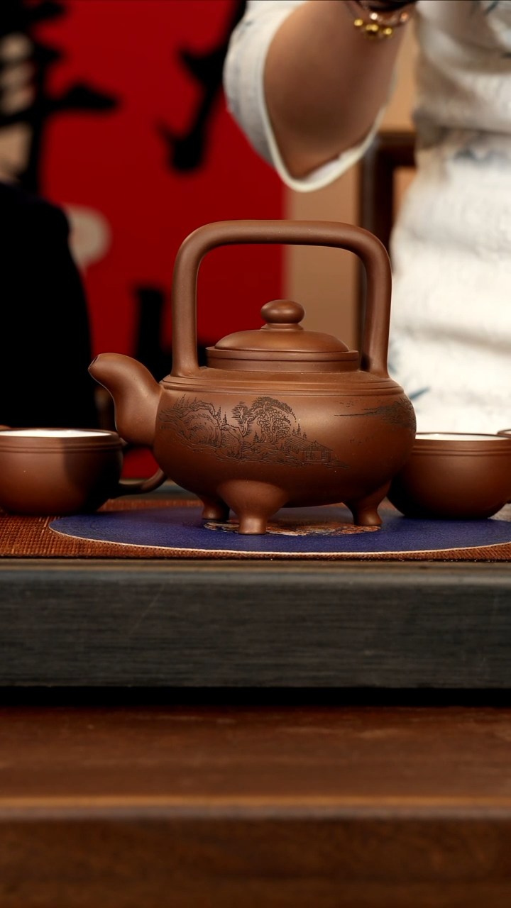 【闪购商品】紫砂茶壶GHJ 紫泥 三足高腰线提梁套组 