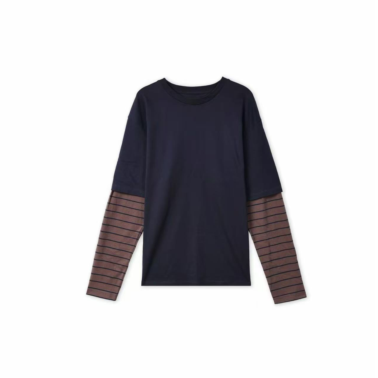 假两件拼接条纹长袖宽松圆领T恤F4062