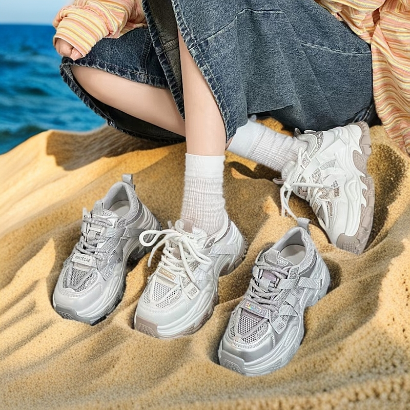 真皮休闲鞋女夏季厚底防滑百搭新款潮流网面韩版系带老爹鞋春季