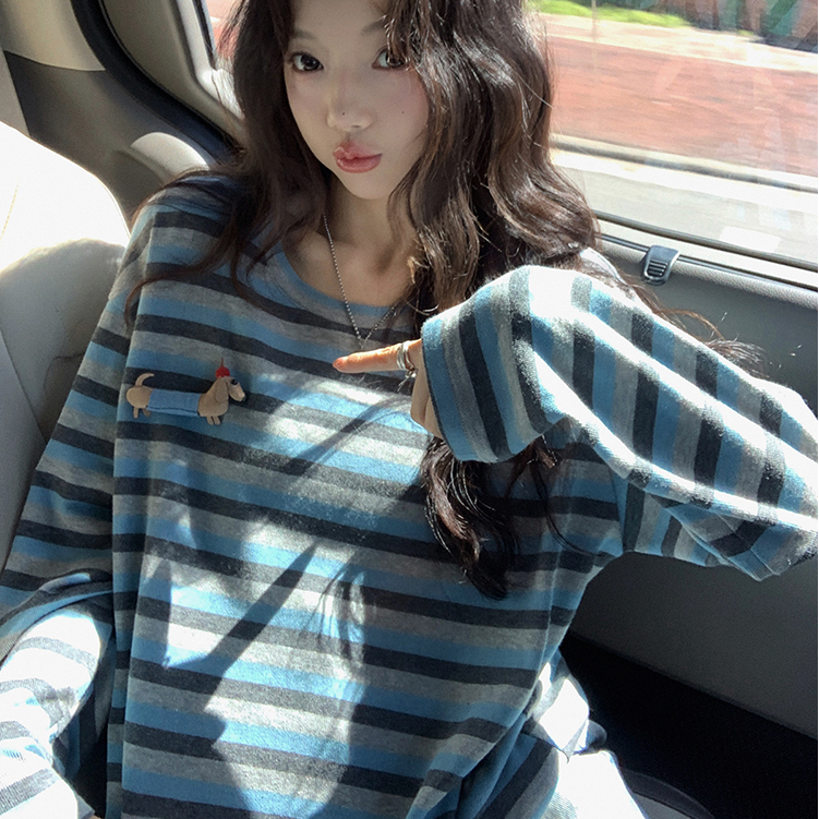 韩系慵懒风宽松T恤女秋季2025新款百搭休闲显瘦长袖条纹圆领上衣