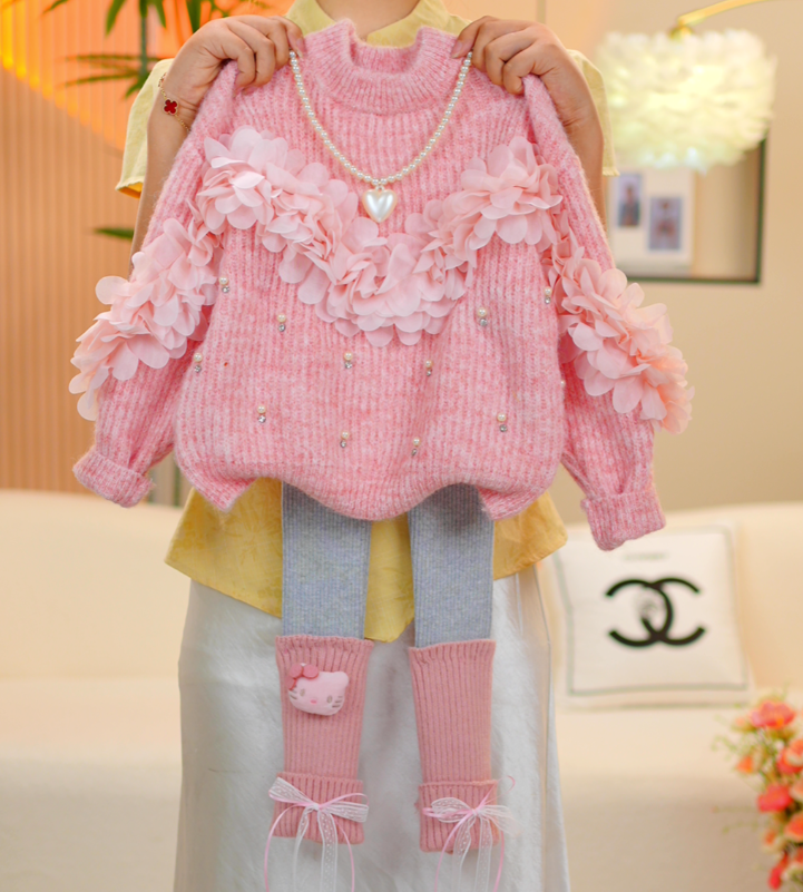 保暖拼接蕾丝花朵毛针织衫套头毛衣秋冬长袖F304