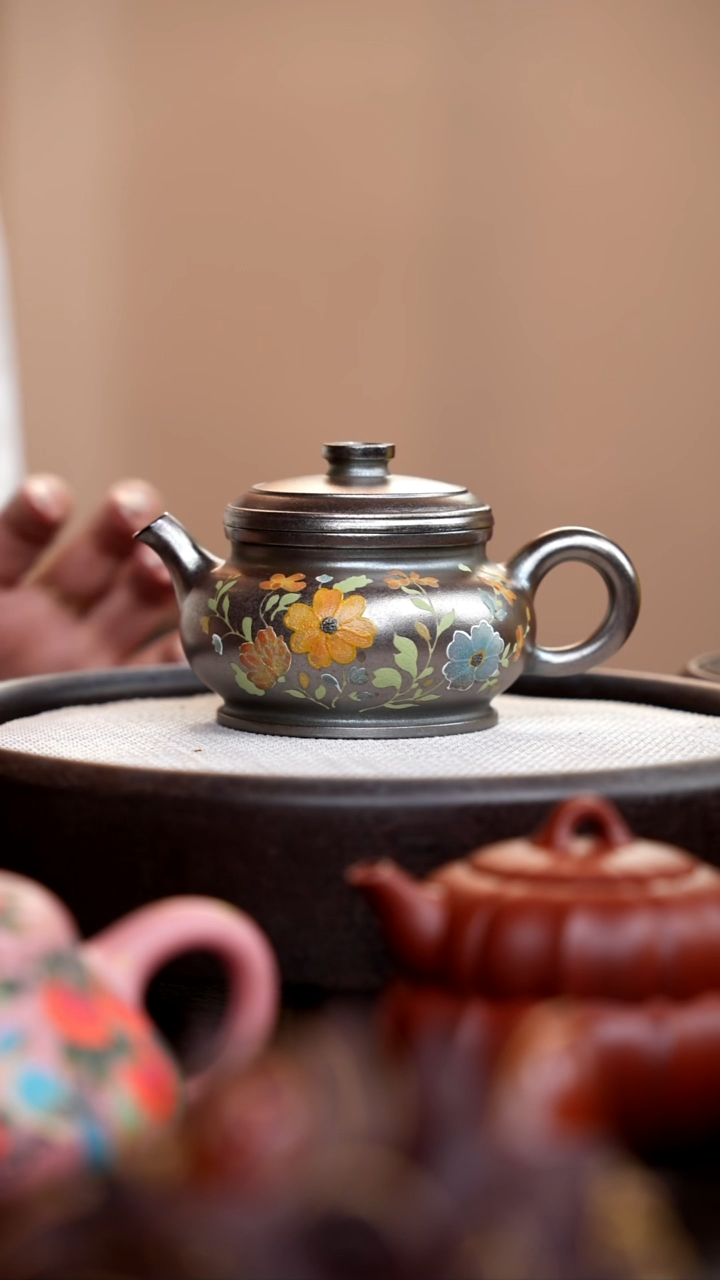 茶壶紫砂琉璃金砂巨轮泥绘繁花