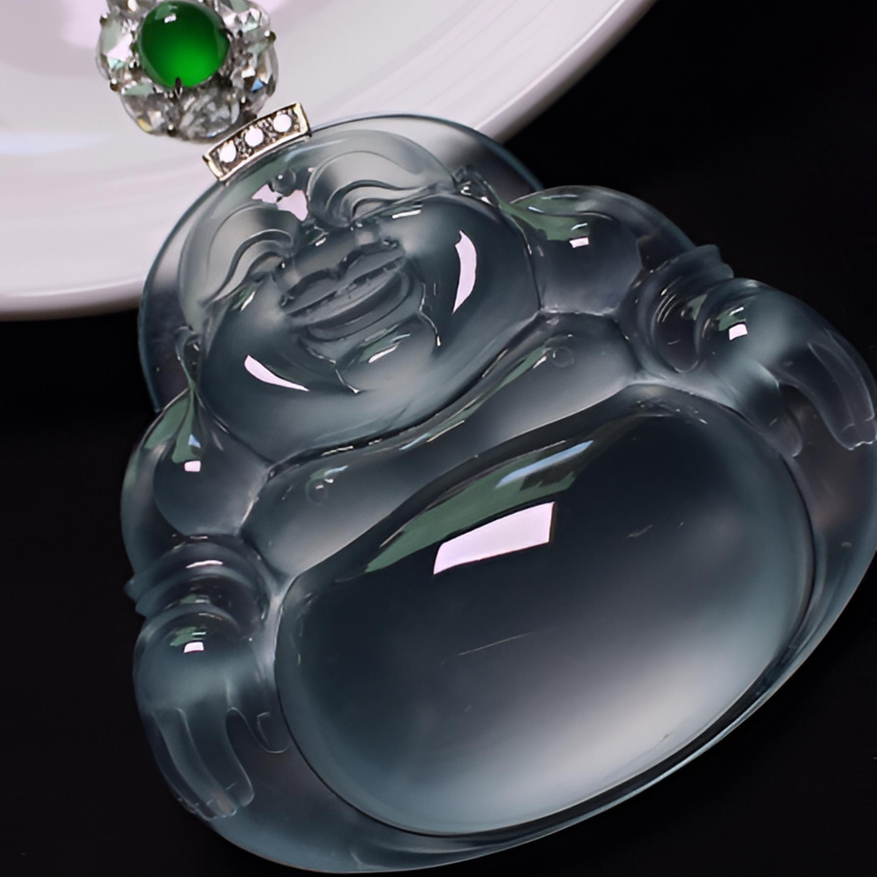 钨合金珐琅吊坠 种浅绿飘花金镶嵌佛公冰透雕刻