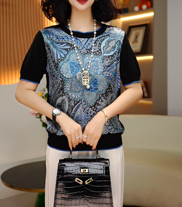 新品桑蚕丝字母印花休闲圆领时尚通勤女士打底短袖-新款2