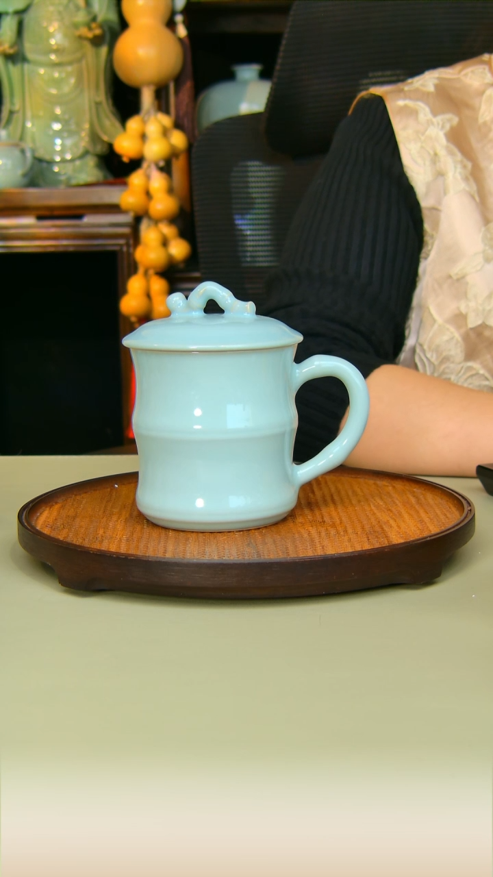 汝瓷竹节办公杯全手工原矿天青不完美