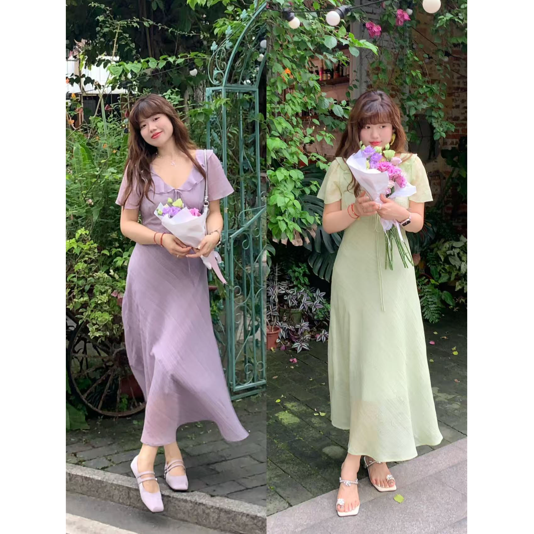 【现货】米米子“青提萄萄”两色斜纹肌理飘逸仙气连衣裙设计款气质