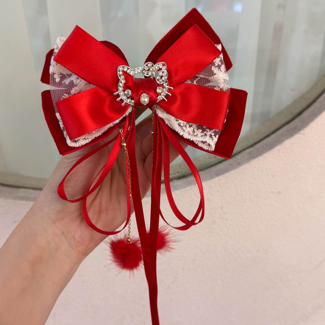 kitty图案新款儿童可爱红色蝴蝶结发夹新年喜庆头饰0002
