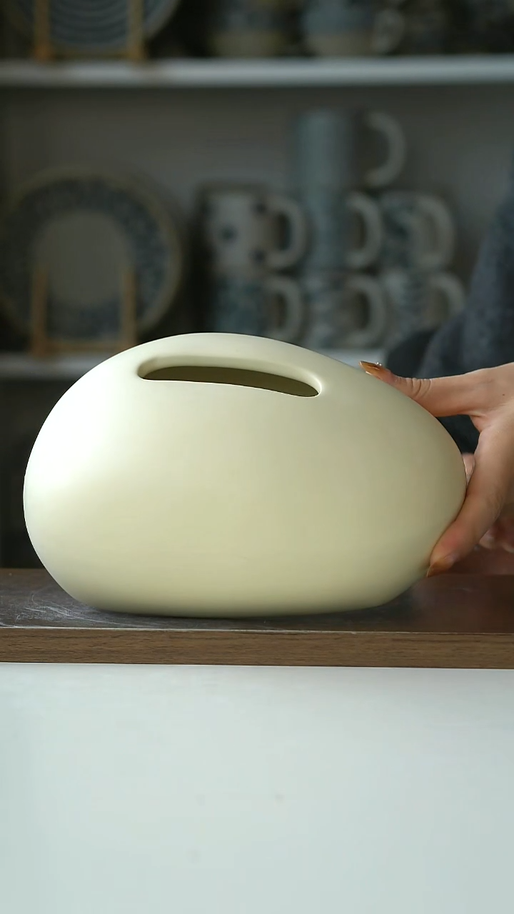 陶奶油黄鹅卵石纸巾盒19cm@4-2@微瑕