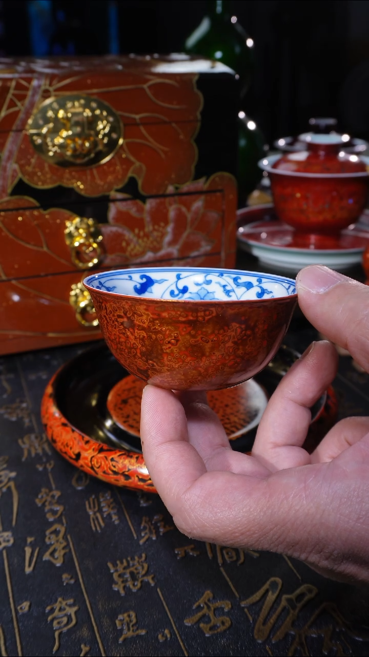 【闪购商品】非遗大漆红金犀皮青花纯手内画鸡缸杯