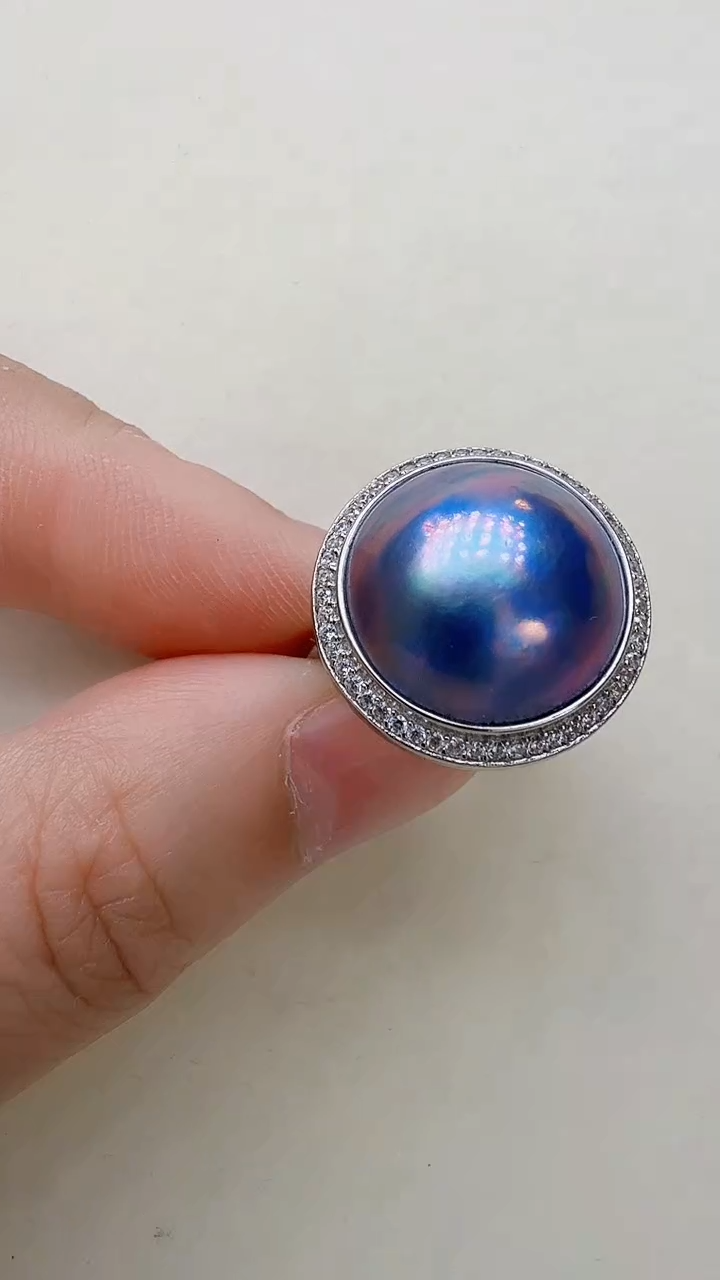 银S925镶嵌戒圈拼合珍珠（马贝珠）蓝色戒指