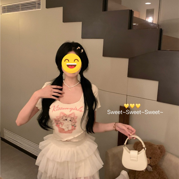 2024爆款女装甜辣妹猫咪印花短袖t恤女夏季不规则设计感小众短款