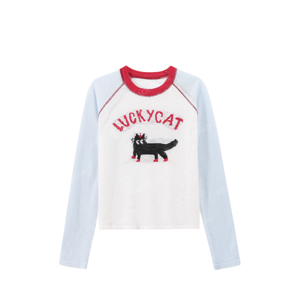 休闲新款气质百搭拼色小猫上衣女5059