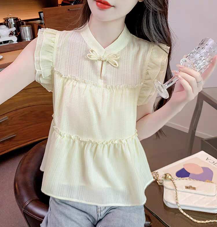 B601 飞飞袖雪纺衫镂空钉珠雪纺衬衫夏装衬衫洋气拼接收腰