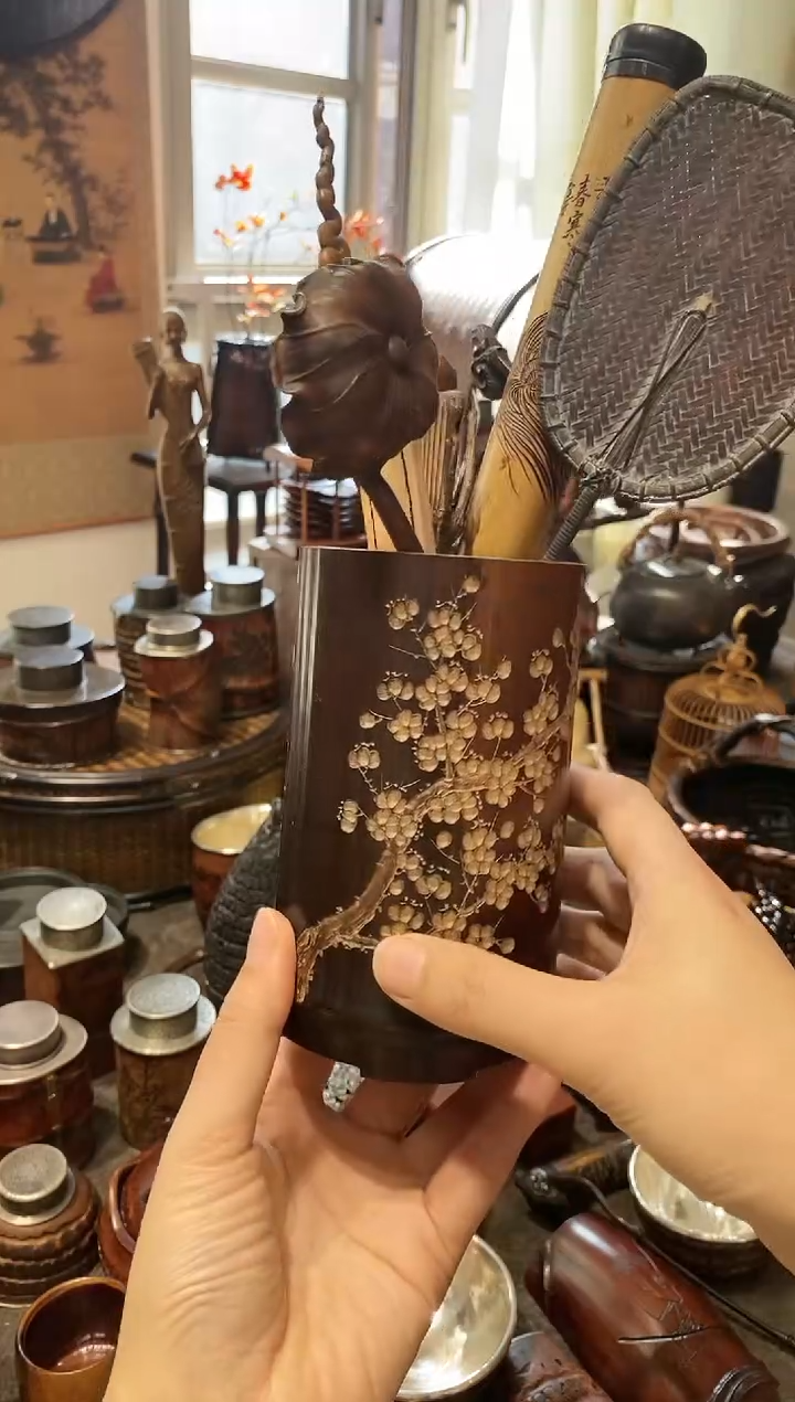 风**缘老煤竹梅花雕刻茶道筒