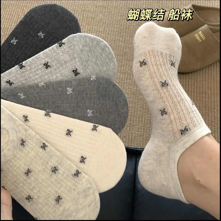 miu风女士蝴蝶结袜子船袜浅口夏季薄款低帮防滑不掉跟隐形透气袜