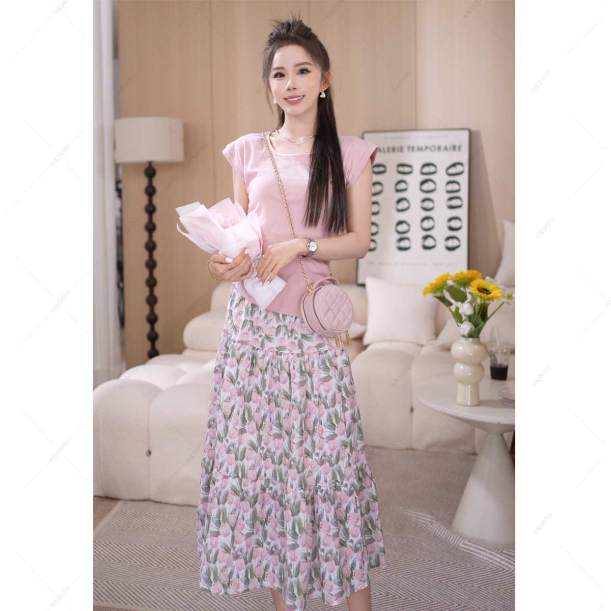 HISHIYU【莫奈花园】修身小短袖紧身纯色上衣+碎花半身裙两件套女