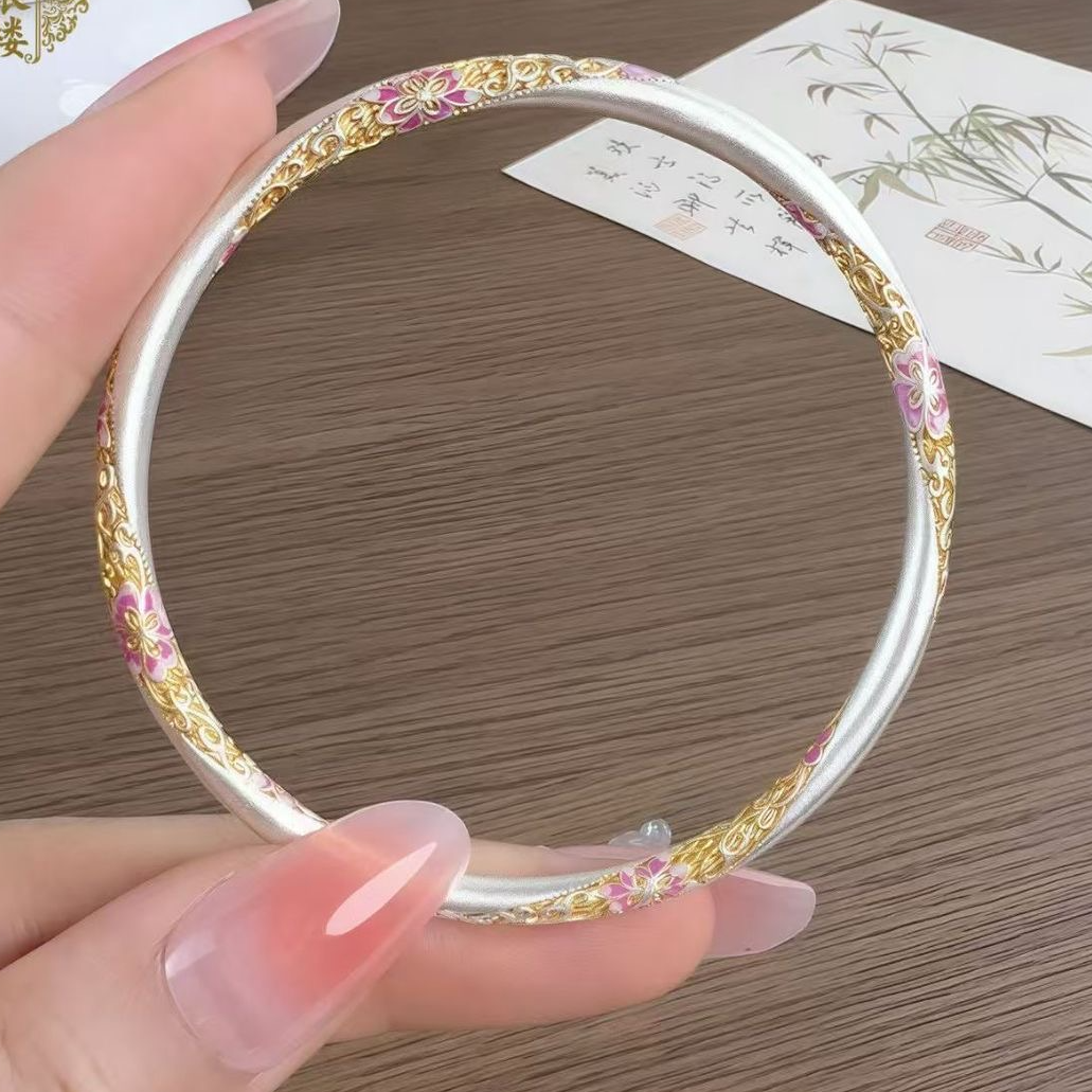 足银手镯 16号-【官方正品】描金珐琅粉繁花【闭口】足银999.9手镯