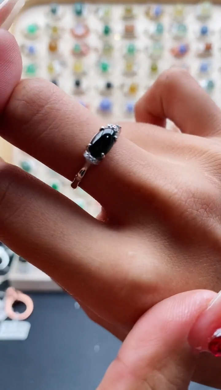 【闪购商品】翡翠戒指银S925镶嵌天然缅甸A货翡翠444 6+1