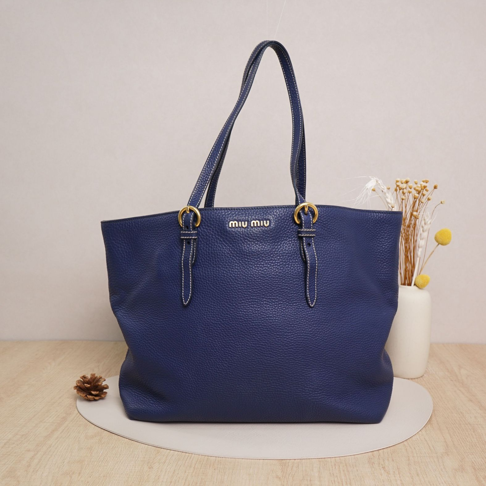 95新 MIU MIU/缪缪 缪缪托特购物袋深蓝色牛皮/DS039699