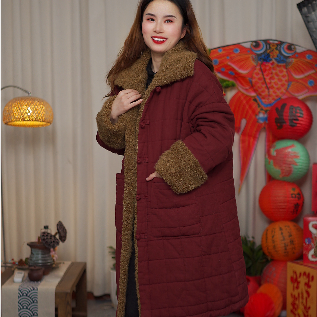 冬~花璟麻社0793F民族风立领毛毛拼接新年拜年服（衣长92胸围130）