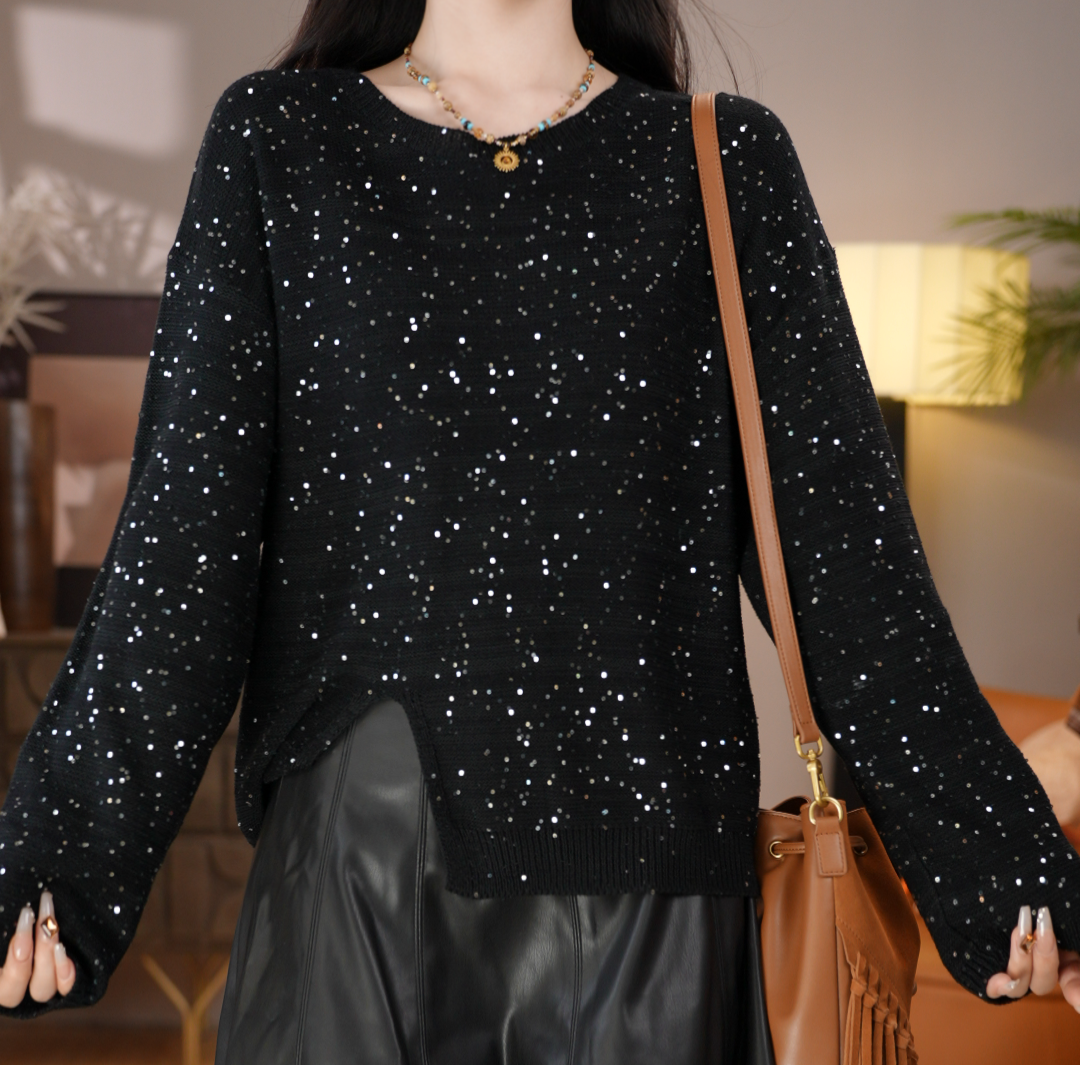 唐乐乐｜25new新款圆领亮片点缀圆领长袖薄款T恤上衣 BF1620