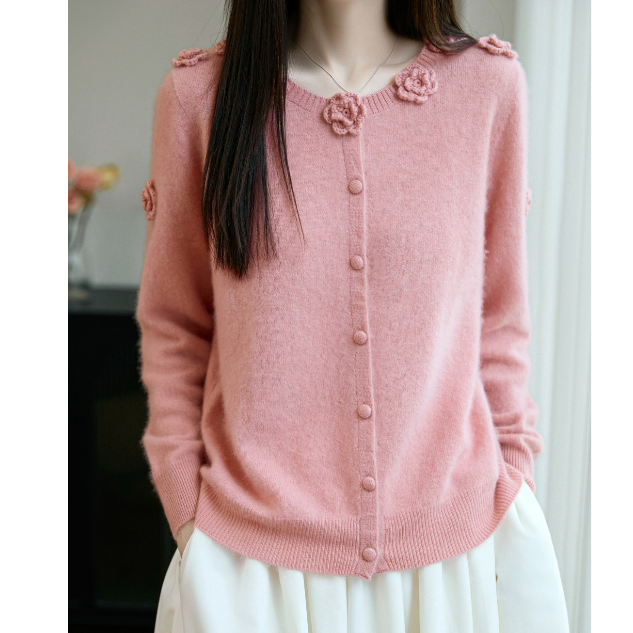 羊毛衫女重工开衫针织圆领时尚冬季钩花外套针织开衫打底衫