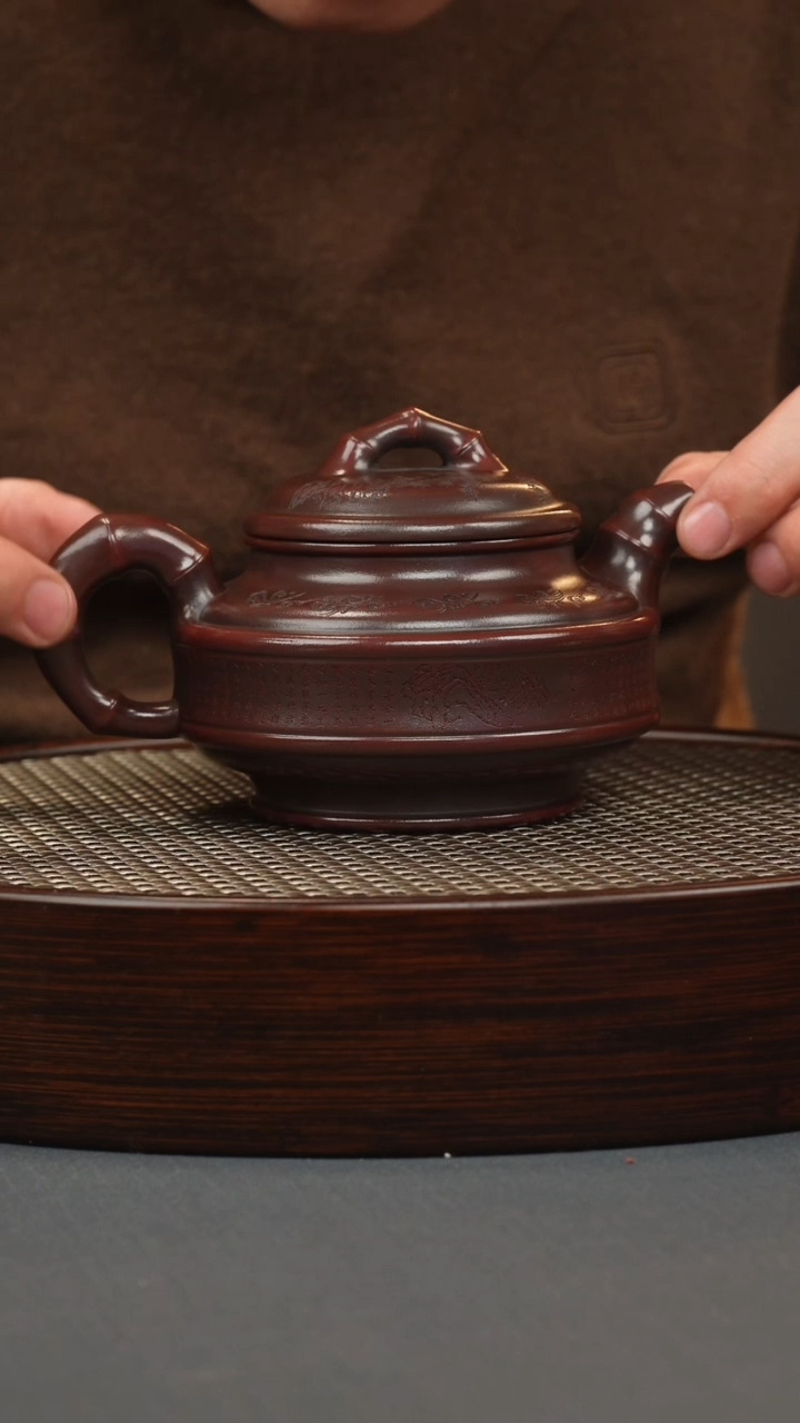 【闪购商品】紫砂茶壶古红泥 双线竹鼓 刻绘