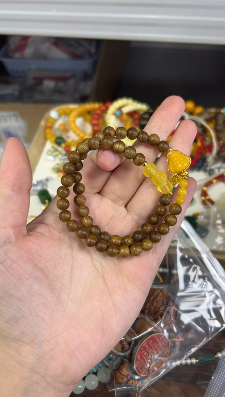 手串檀香木未镶嵌满蜜蜜蜡佛公曼丹款双圈手链[21]