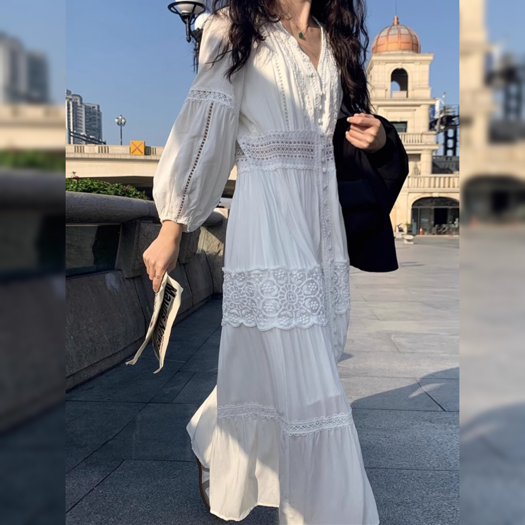 2025春秋新款法式甜美温柔过膝长款爆款初恋裙惊艳蕾丝连衣裙女