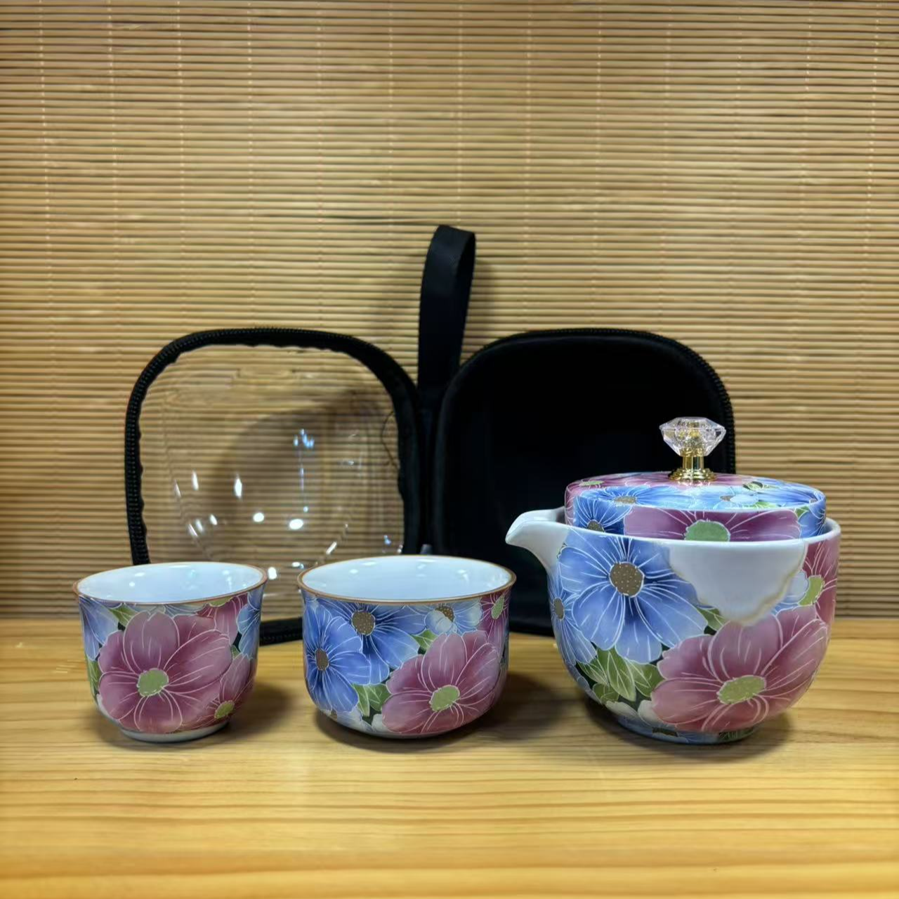 陶瓷莲花荷花粉色蓝色旅行快客杯茶具茶器茶杯YY5049