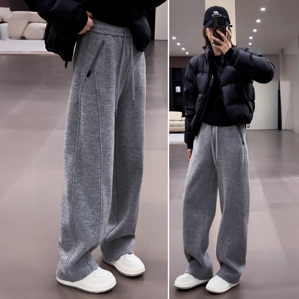 羊毛呢窄版弯刀阔腿裤女加绒冬季2025新款高腰宽松卫裤休闲运动裤