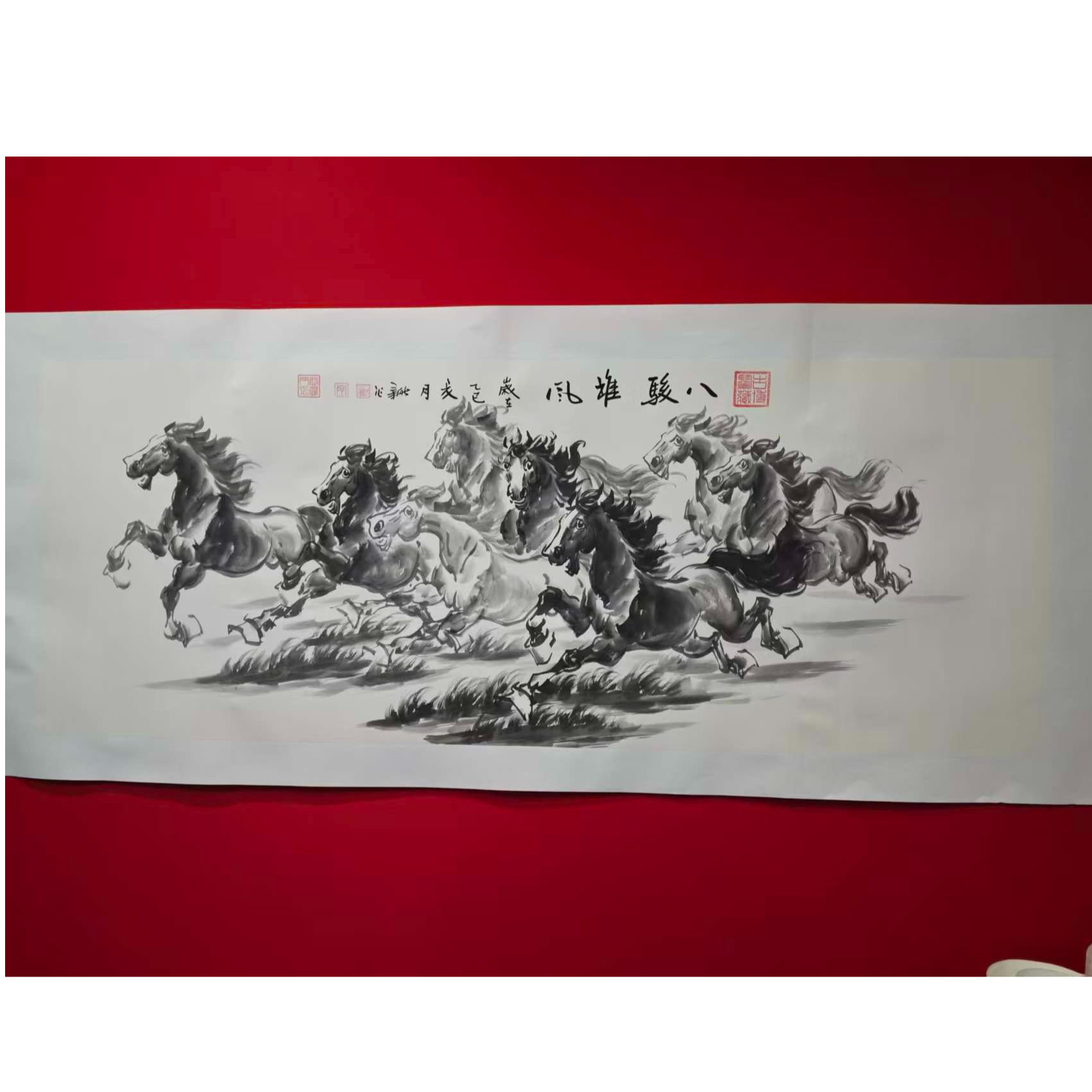 李新社手绘宣纸六尺横幅八骏雄风-水墨画