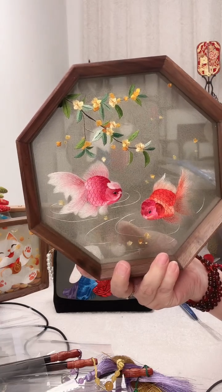 扇子素*苏绣作品手工摆台