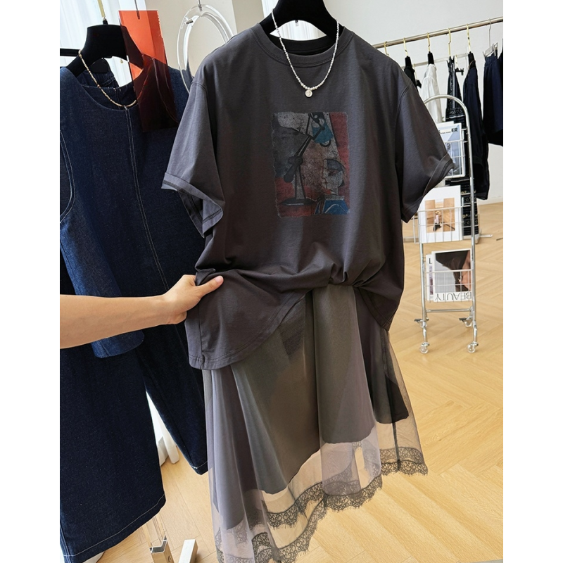 网纱拼接不规则假两件短袖T恤裙连衣裙女夏季中长款巨好看的裙子