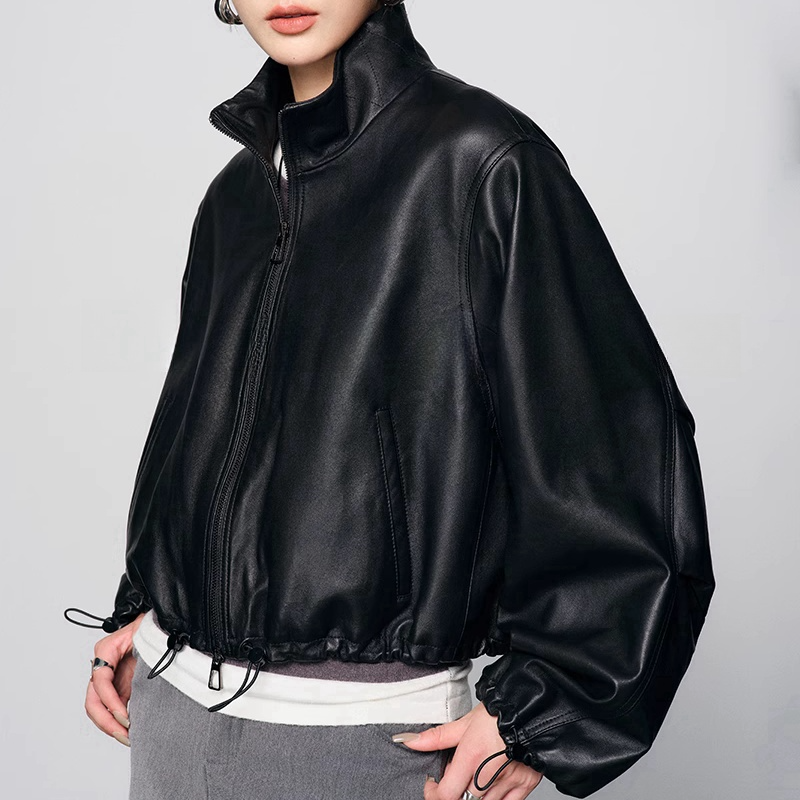 2025春季新款休闲小香风进口半植油蜡真皮绵羊皮女款立领短款