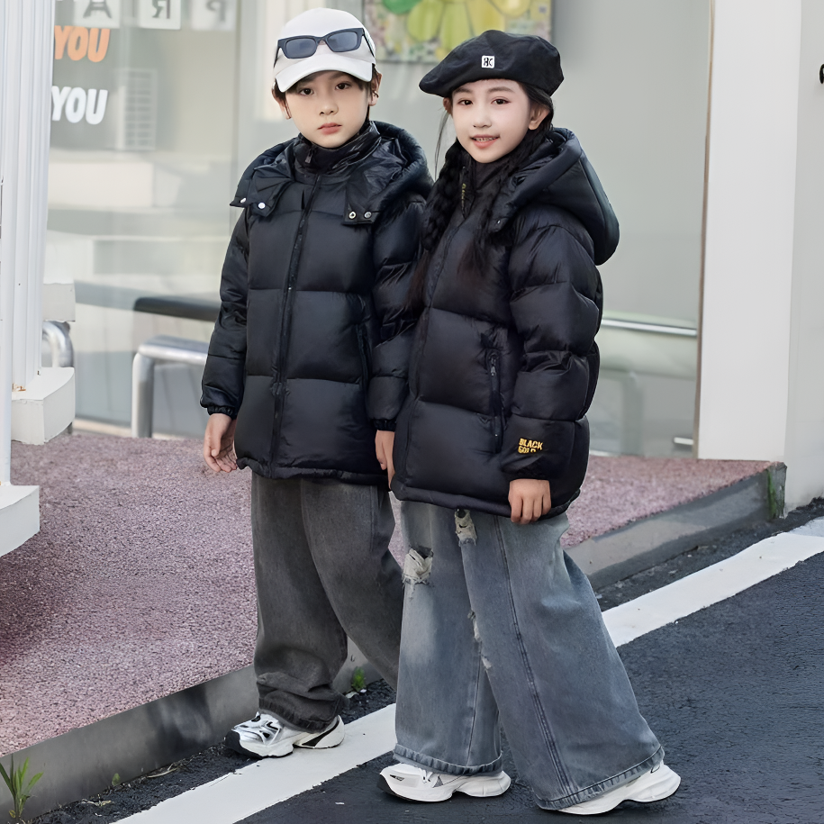 2025升级版儿童黑色金标男女童中大小童同款连帽立领外套冬D7