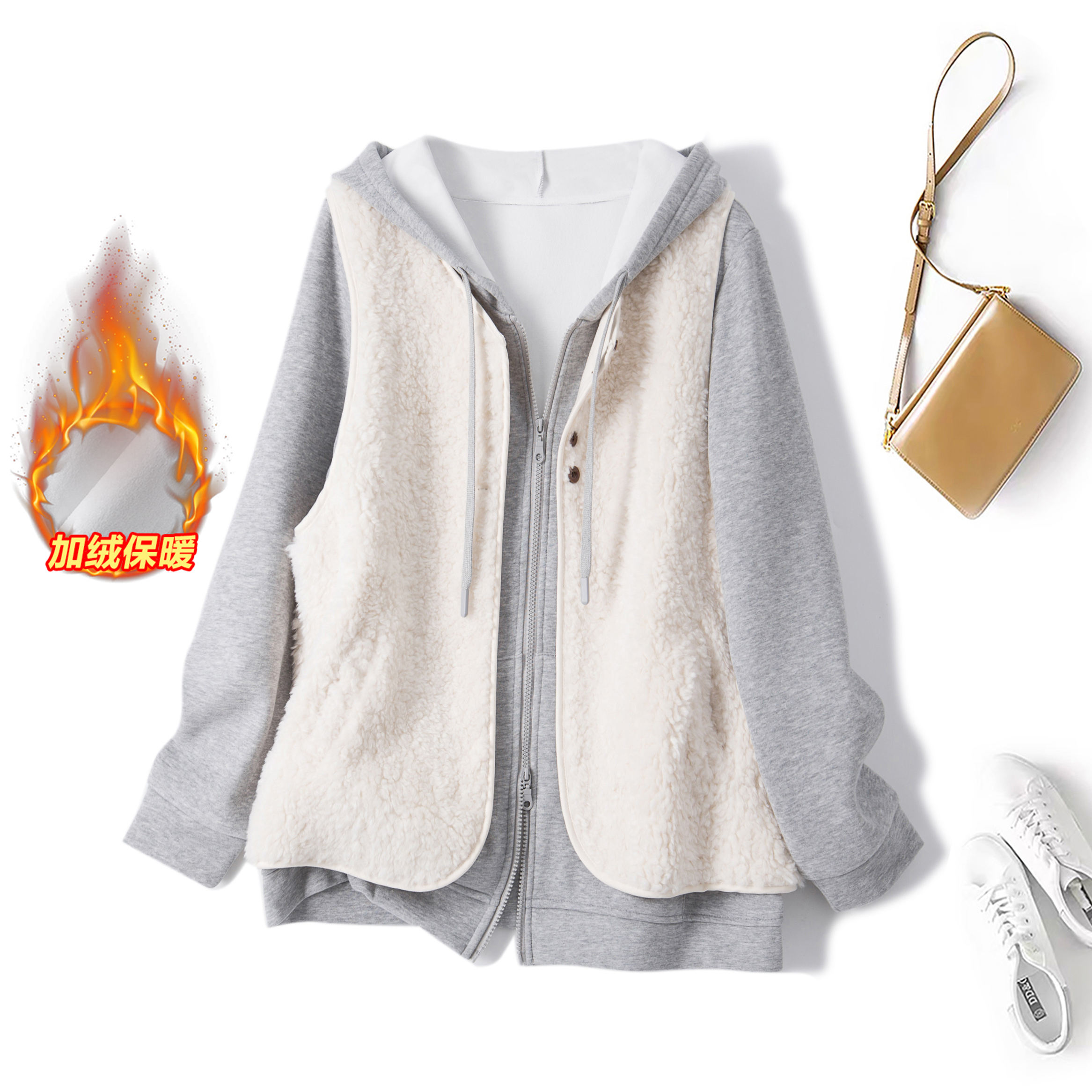 大码女装套装保暖加绒宽松显瘦胖妹妹连帽外套马甲两件套冬63501