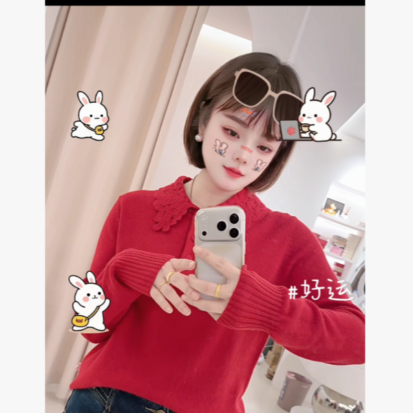 冬季设计感钩花衬衫领半纽扣针织衫女（毛衣易起球介意勿拍）