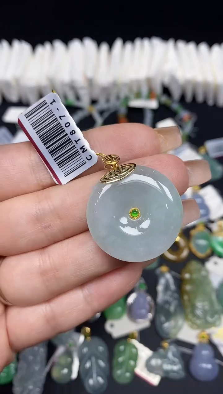 吊坠(不含链)18K金镶嵌翡翠平安扣18K金扣镶嵌@@CMT807-1