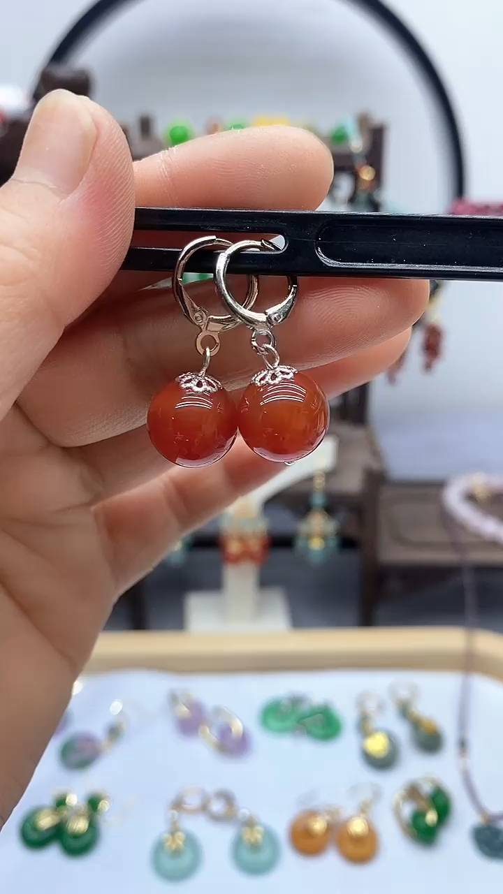 南红玛瑙银S925镶嵌耳饰127