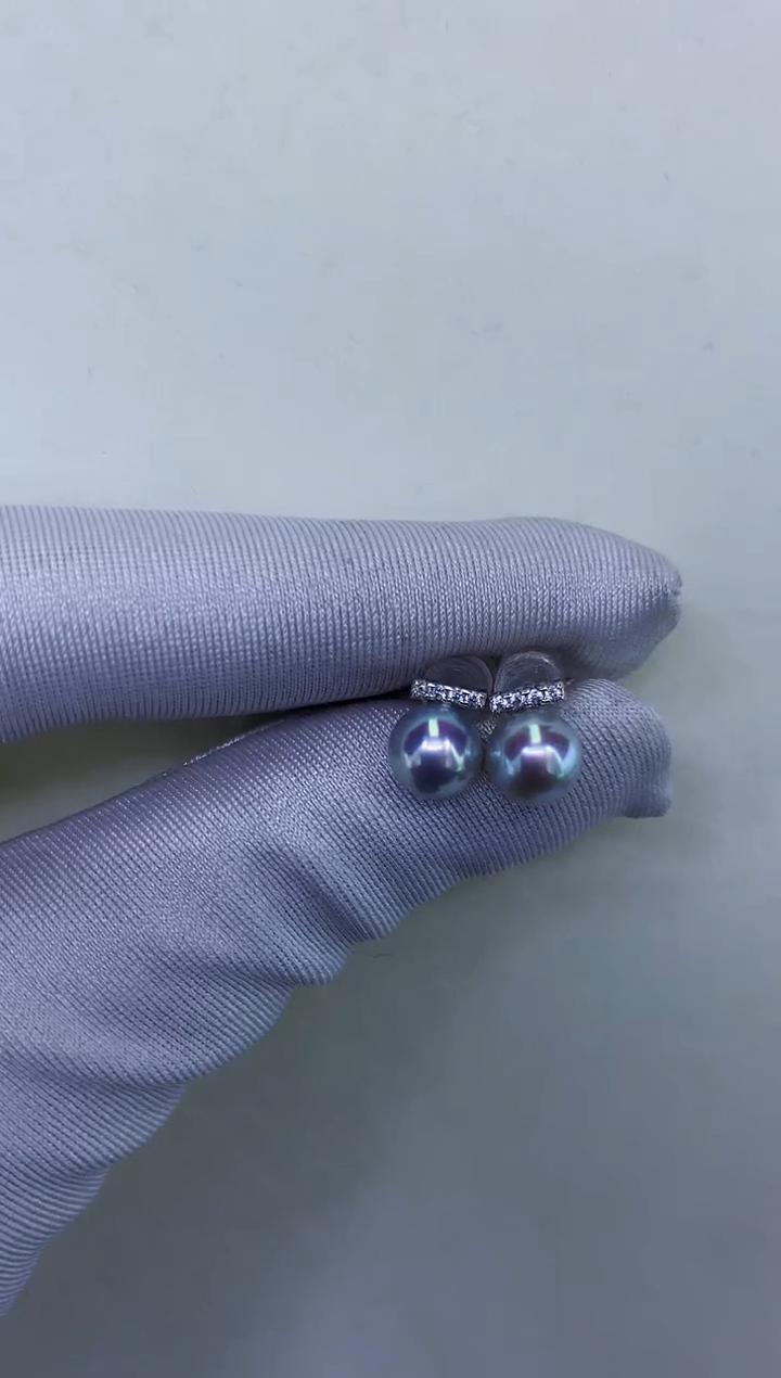 银S925镶嵌DA海水珍珠 X085 灰珠耳钉7-8MM