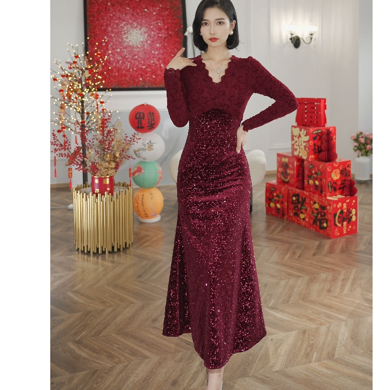 JUU【云梦泽】冬季新款原创设计亮片优雅修身显瘦连衣裙L-40724